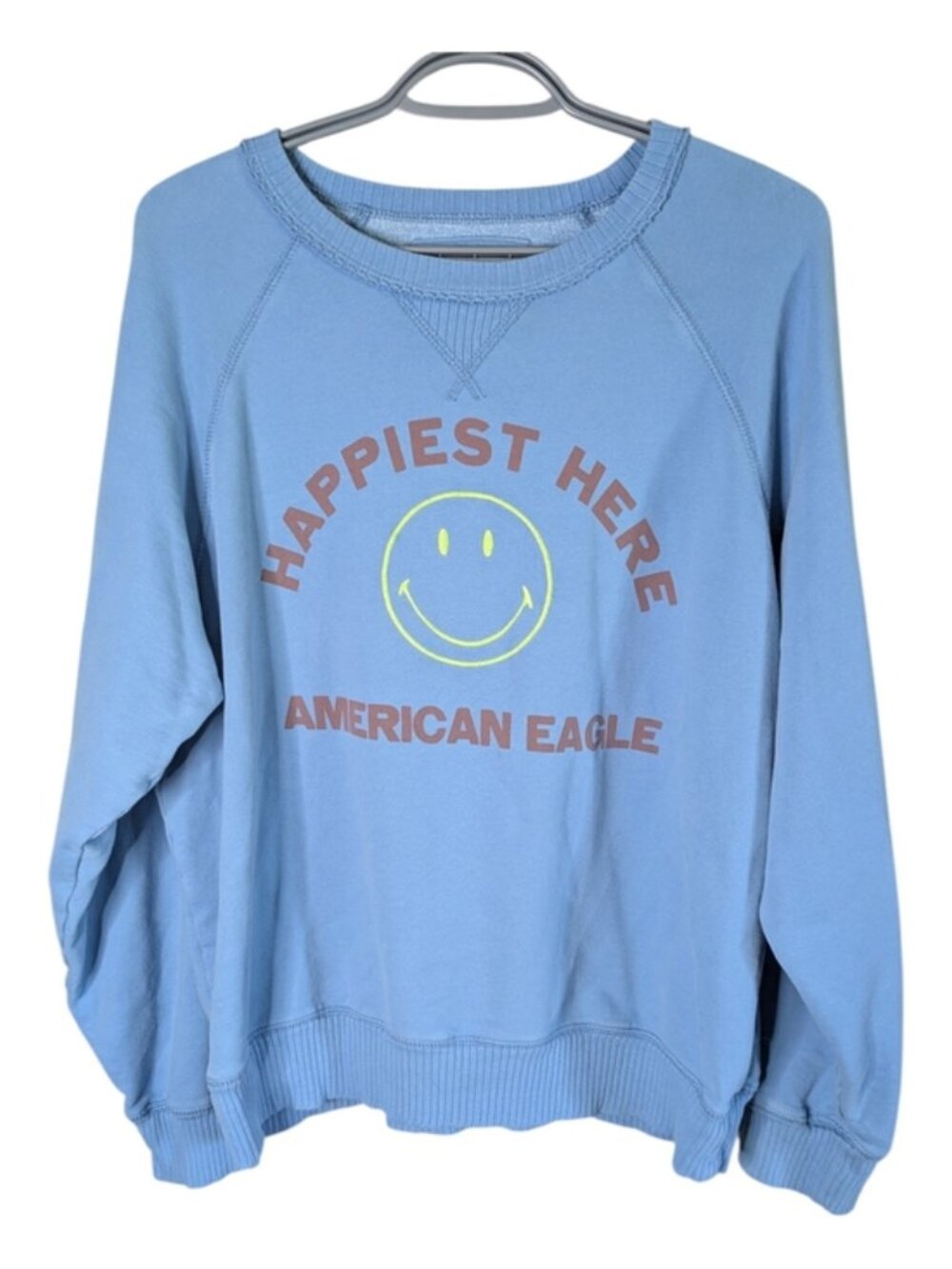 American Eagle Funday Happy Face Graphic Raglan-Sleeve Sweatshirt Blue Size L